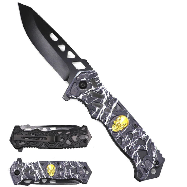 KS2451BK 8.5-In Black Thunder Skull Spring Assist Knife Fashion