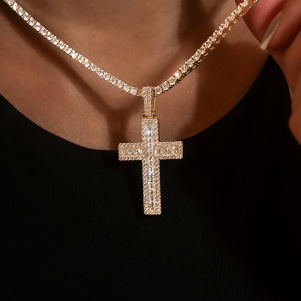 Diamond Baguette Cross Pendant in Yellow Gold Sale