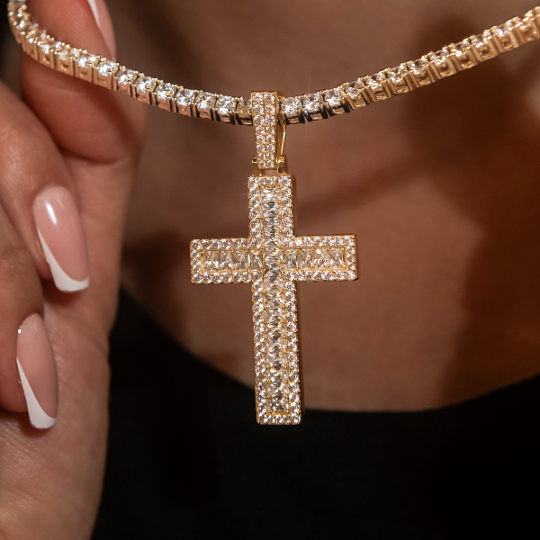 Diamond Baguette Cross Pendant in Yellow Gold Sale