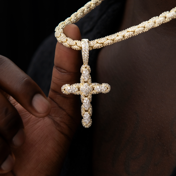 Diamond Pave Reptile Cross Pendant in Yellow Gold For Sale