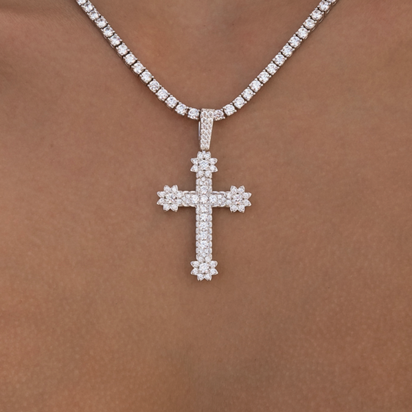 Diamond Flower Cross Pendant in White Gold For Discount