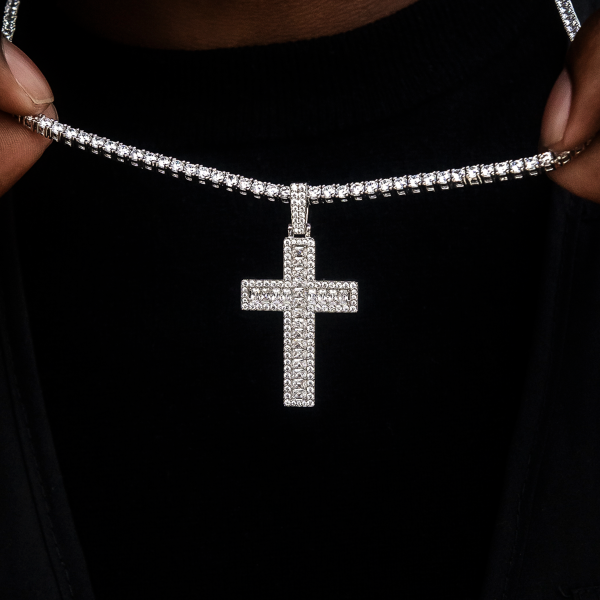 Diamond Baguette Cross Pendant in White Gold on Sale