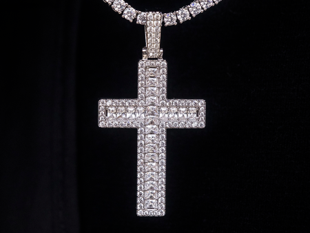 Diamond Baguette Cross Pendant in White Gold on Sale