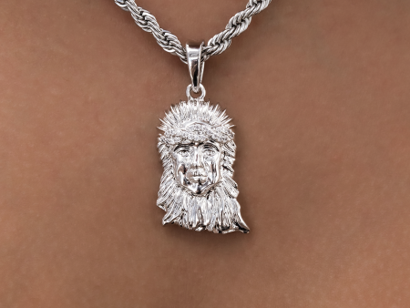 Diamond Crown Portrait of Jesus Pendant in White Gold Sale