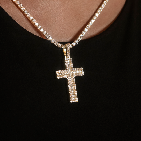 Diamond Baguette Cross Pendant in Yellow Gold Sale