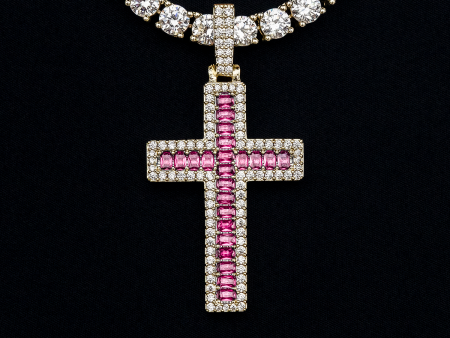 Pink Baguette Cross Pendant Online now