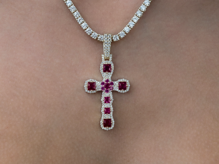 Ruby Stone Rounded Cross Pendant in Yellow Gold Online Sale